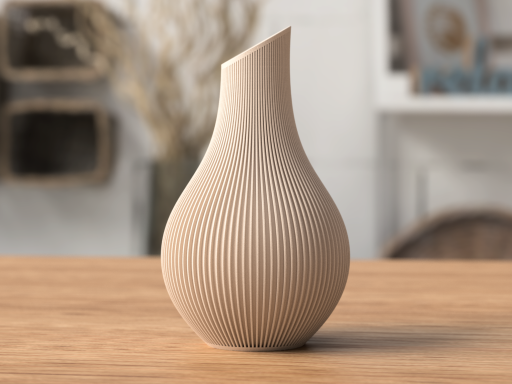 Beige Vase mit gewellter Oberfläche auf einem Holztisch in modernem Ambiente.