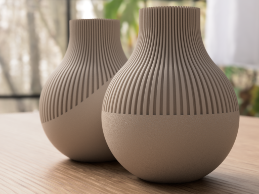 Zwei moderne, beige Vasen mit strukturiertem Design auf einem Holztisch.